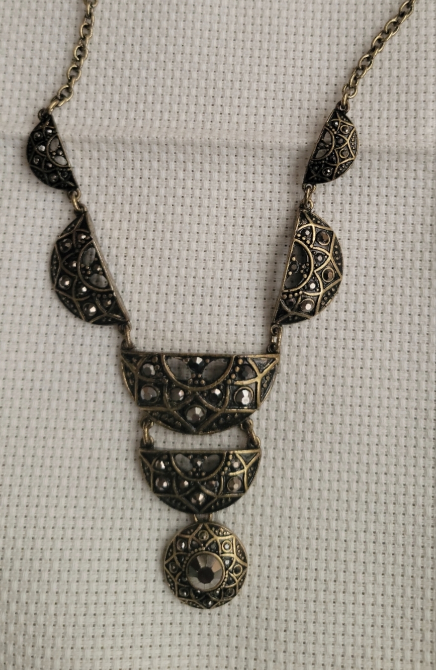 Antique-Style Filigree Semi-Circle Necklace in Aged Gold Tone